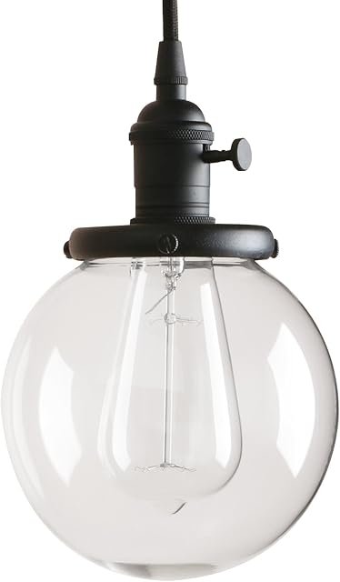Pathson 15cm Vintage Modern Pendant Light Fittings Industrial Edison Ceiling Light Hanging Light Fixture Loft Bar Kitchen Island Chandelier E27 with Clear Glass Globe Light Shade (Black)