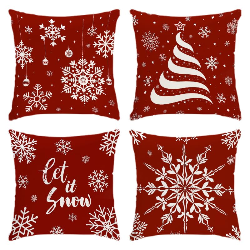 Housse coussin 60x60 Noël rouge en coton lin, textile décoratif haut de gamme