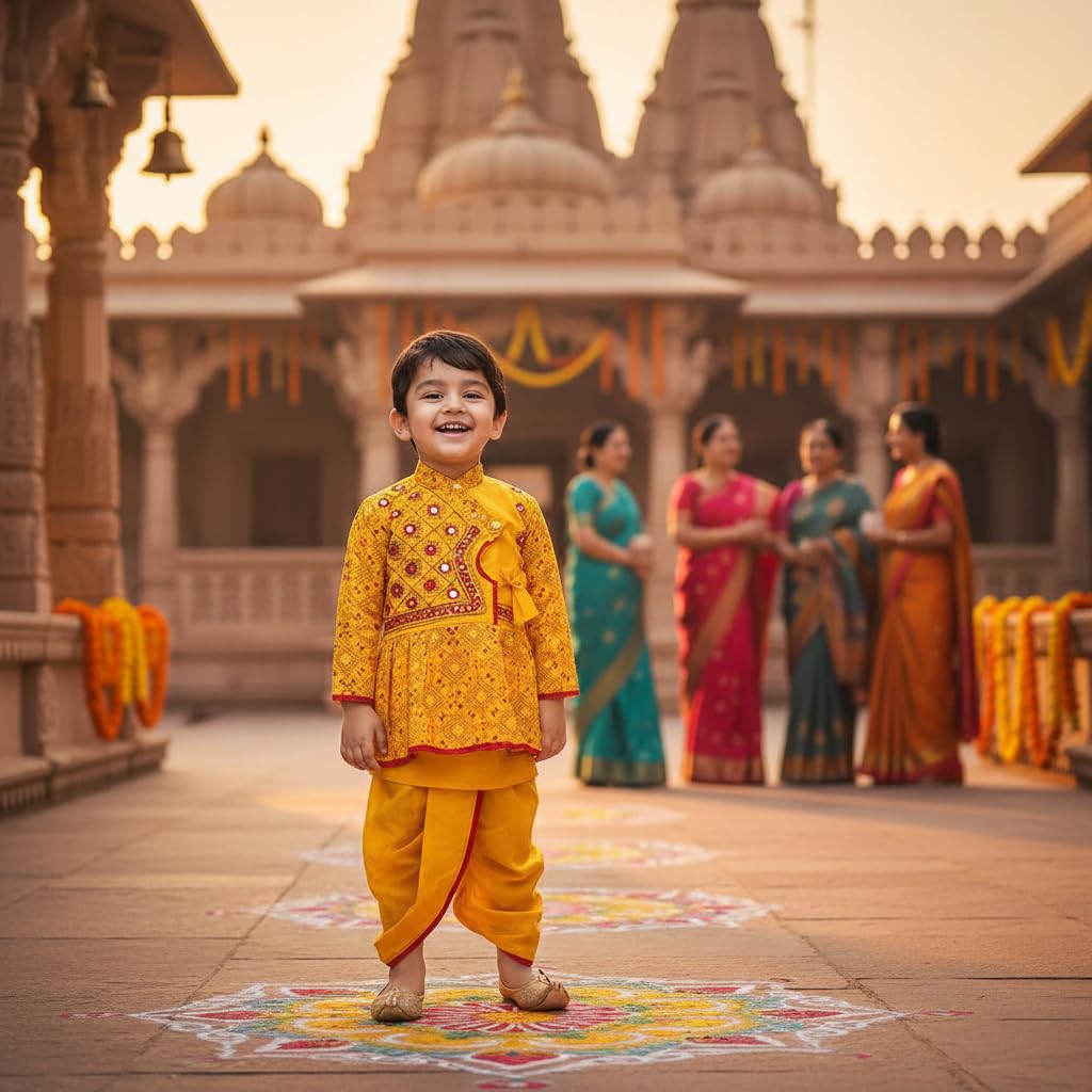 PK HUB Baby Boys Traditional Rajasthani Angrakha Dress with Dhoti | Cotton Ethnic Wear Set with Full Sleeves | Festive & Cultural Outfit for Infants & Toddlers (5-6 Y, Yellow) 3