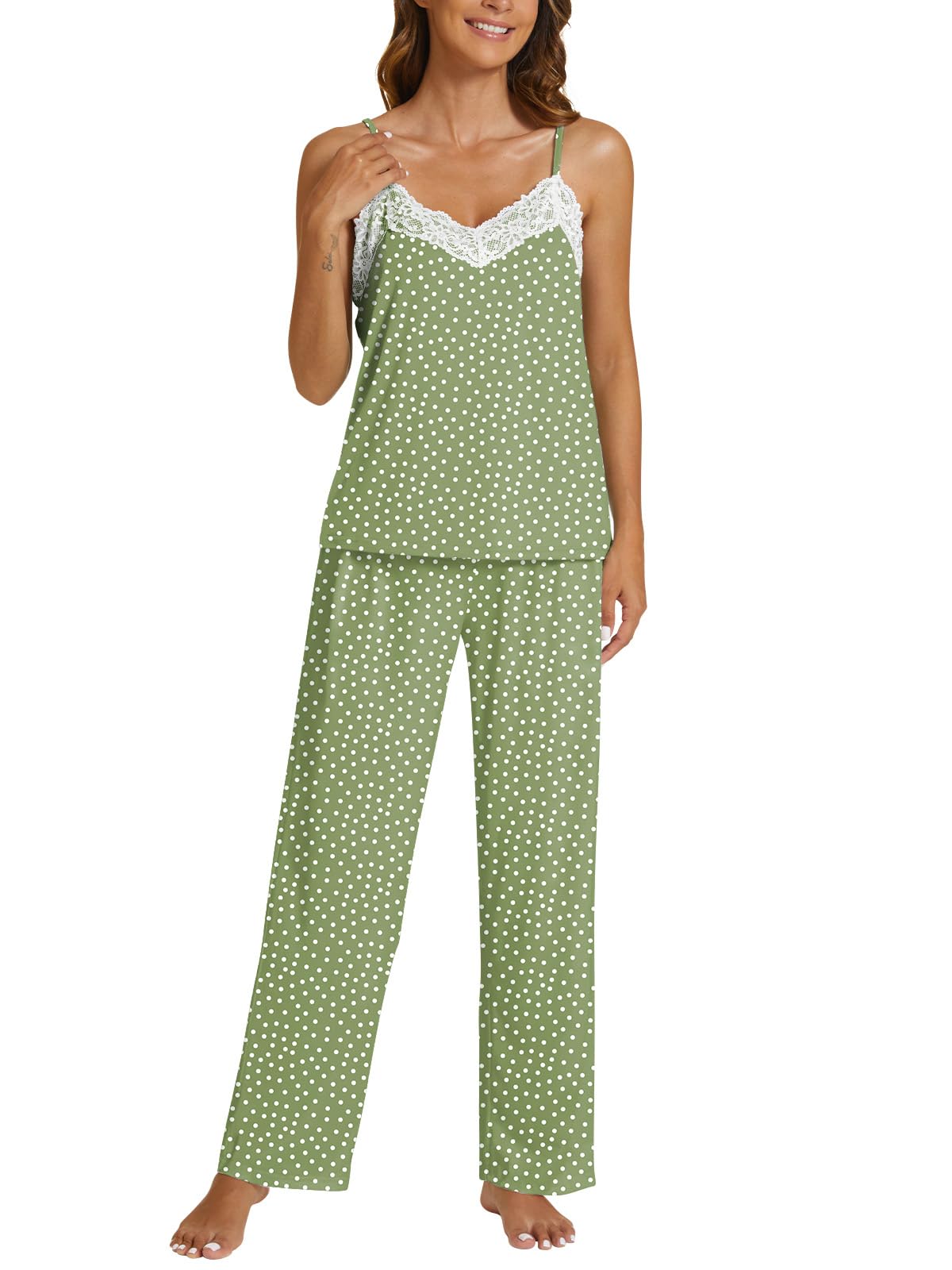 POKWAI Womens Cami Pants Pajama Sets Sleeveless tank Tops and Pants Pajamas Soft 2 Piece Pjs Sleepwaer