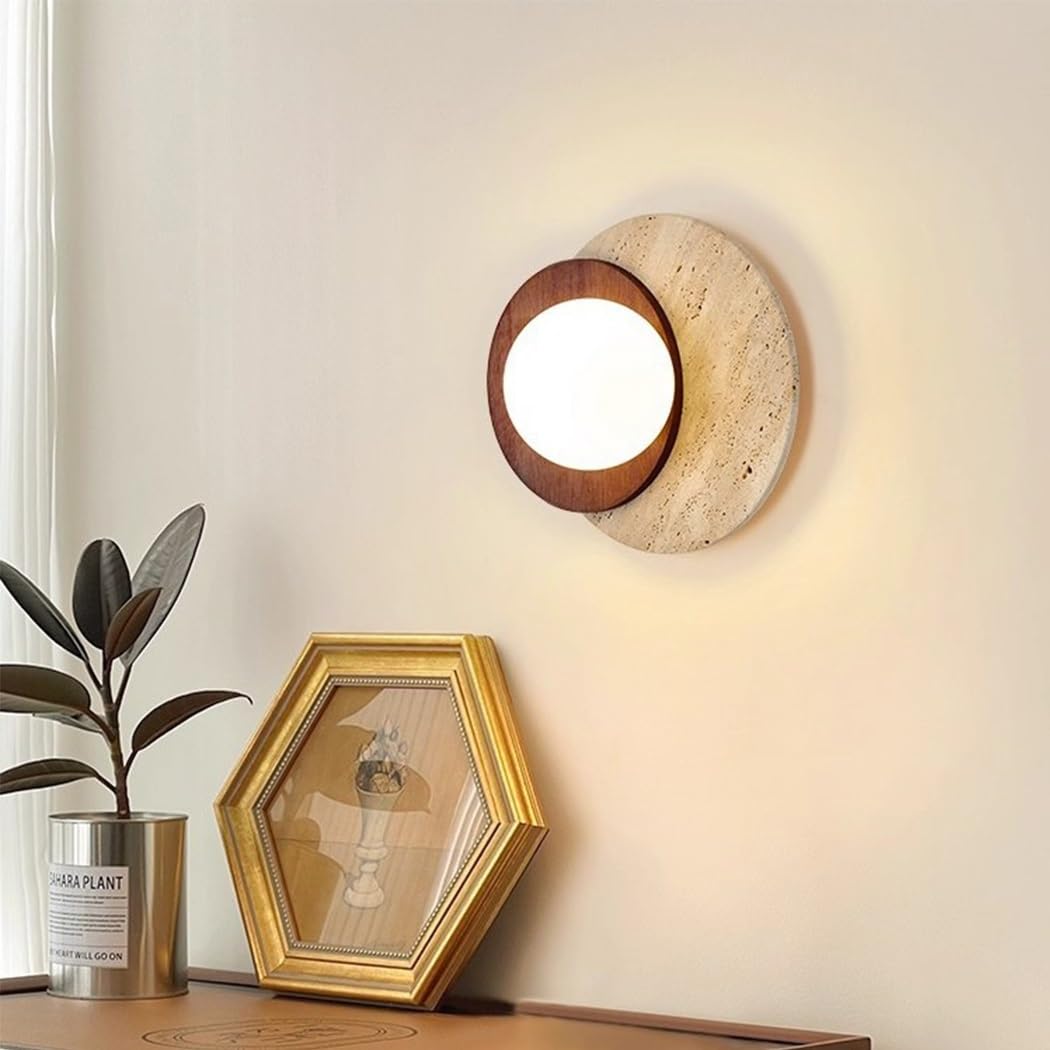 Gelbem Travertin Wandlampe Kreative Wabi-Sabi Wandleuchte Vintage Holz Lampe Innen Wandbeleuchtung Für Schlafzimmer Wohnzimmer Esszimmer Eingang Korridor Cafe Flur Nachttischlampe(Braun)