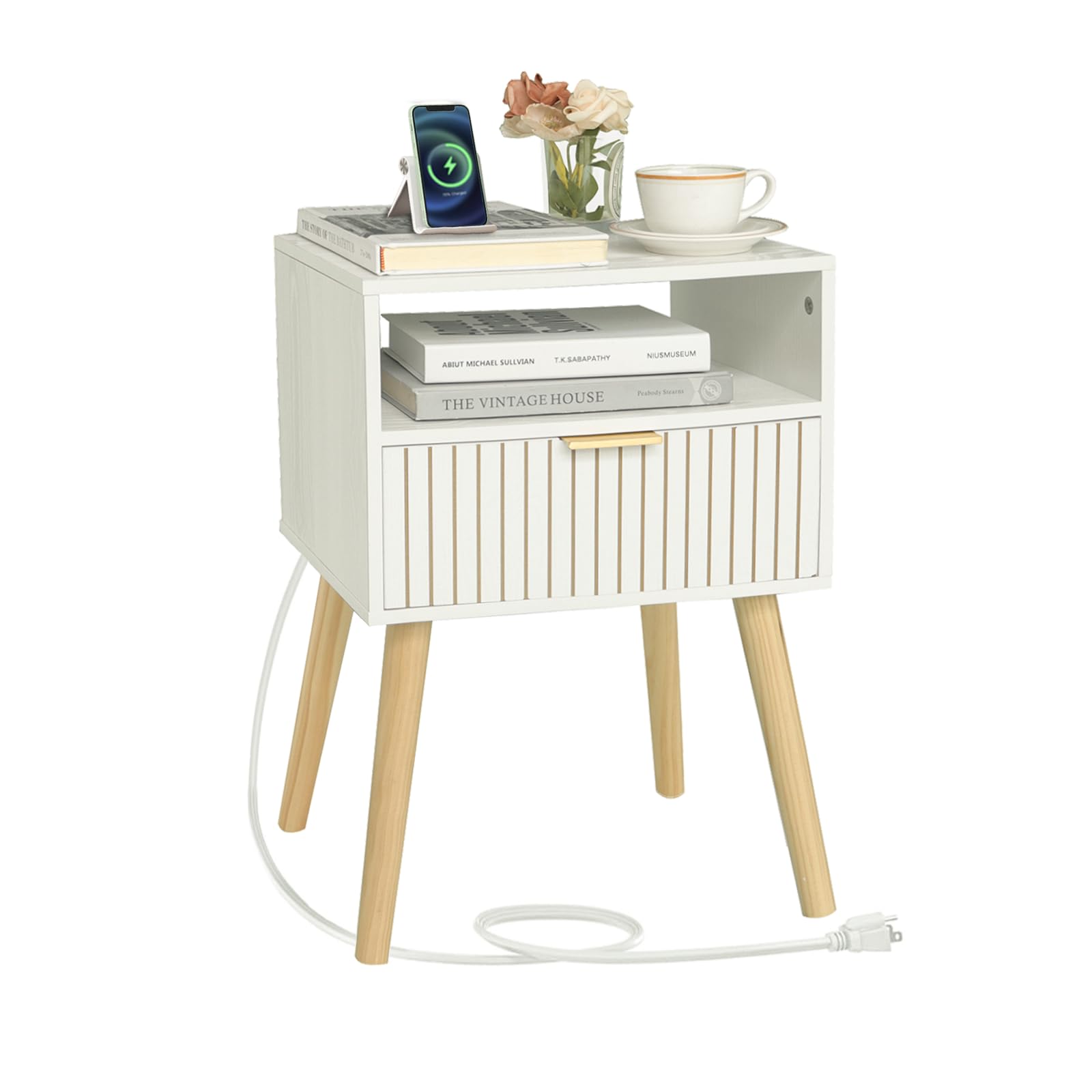 White Nightstand with Charging Station, Mid Century Modern Nightstand with Liner Drawer and Solid Wood Legs, Small Bedside Table End Table for Bedroom with 2-Tier Storage, White