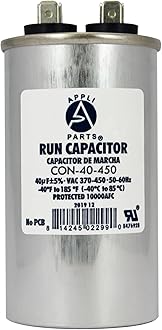 Appli Parts Run Capacitor for ac 40 Mfd uF (microfarads) 370 VAC or 450 VAC CBB65 Round Universal fit for hvac and other applications 4 in High 2 in Wide CON-40-450