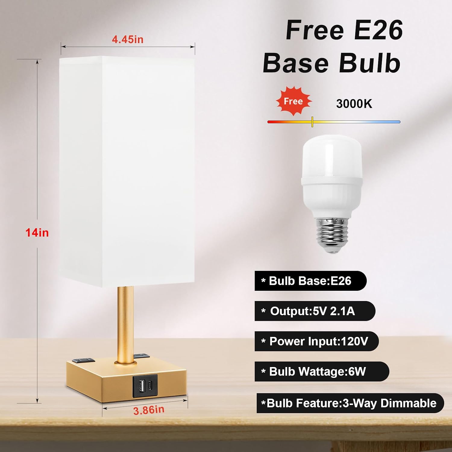 aooshine Gold White Touch Table Lamp - Bedside Lamp with USB A + Type C Charging Ports and Two AC Outlets, Small Night Stand with E26 LED Bulb, Desk Light for Bedroom Living Room Office Dorm thumbnail