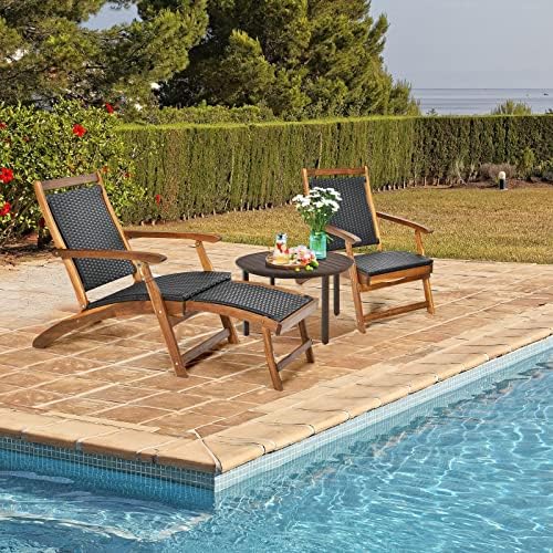 TANGZON Folding Sun Lounger, Wooden Rattan Chair with Pull-Out Ottoman, Oversized Patio Recliner for Balcony, Deck, Garden and Poolside