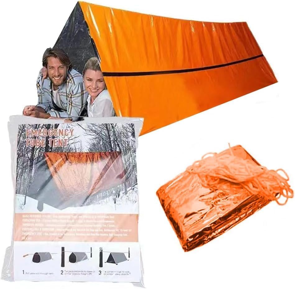 2 Person Mylar Emergency Shelter Tube Tent + Paracord • All-Weather Protection for Camping, Hiking, & Survival Kits Orange