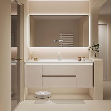 Modern Wall Mounted Floating Bathroom Vanity with Integrated Ceramic Sink, No Assembly Required, Hanging LED Intelligent Lighted Sensor and Demisting Mirror, Cabinet Spaces