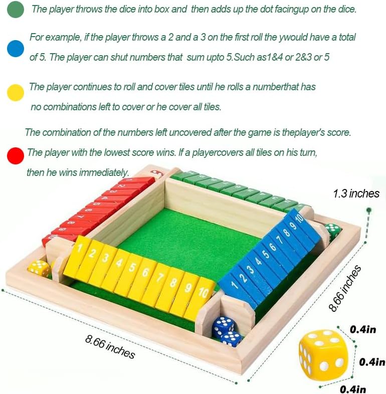 Miniatura 5 de Juego de dados Shut The Box, juego de mesa de madera para 2 a 4 jugadores, juegos de dados de madera mejorados 2026 para 2 a 4 jugadores, 8 dados