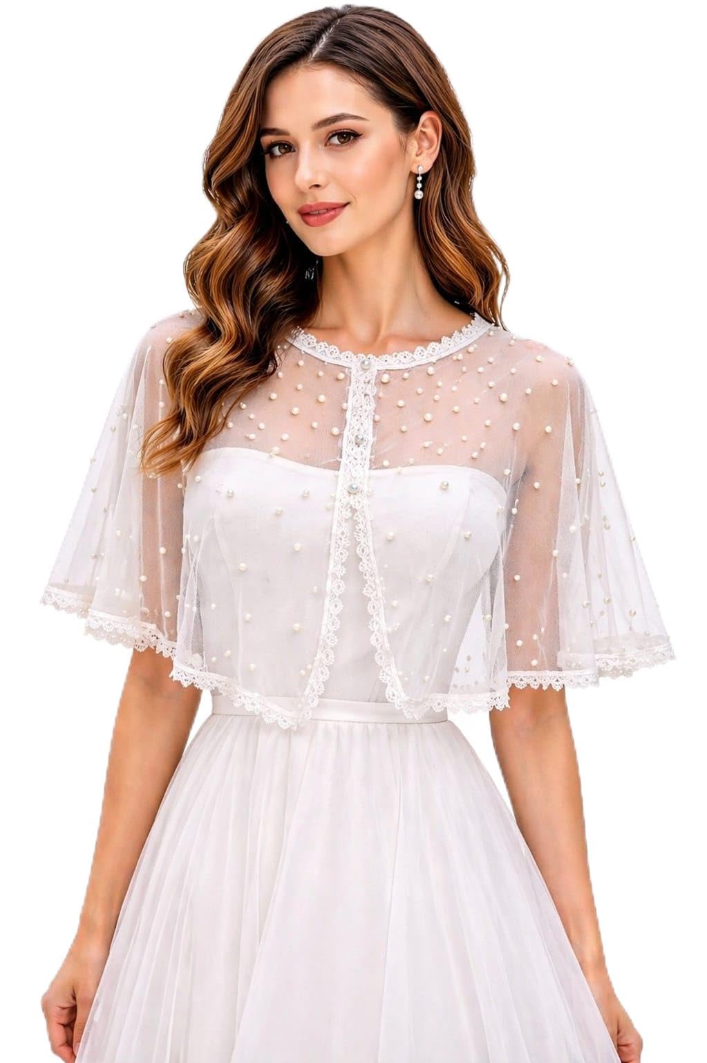 Bridal Cape Shawl, White Sheer Mesh with Pearl Beading, Lace Trim Bell Sleeves, Wedding Bolero Poncho-picture-14
