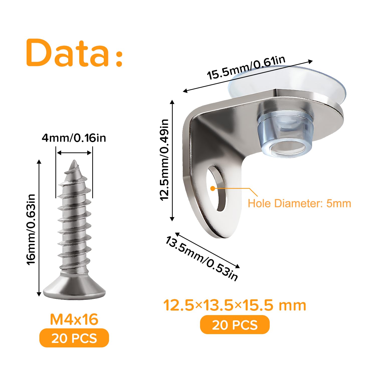 Lyeteung 20 PCS 12.5×13.5×15.5 mm Stainless Steel Fixing Glass Shelf Bracket, Pegs Corner Brace Board Holder - Image 2