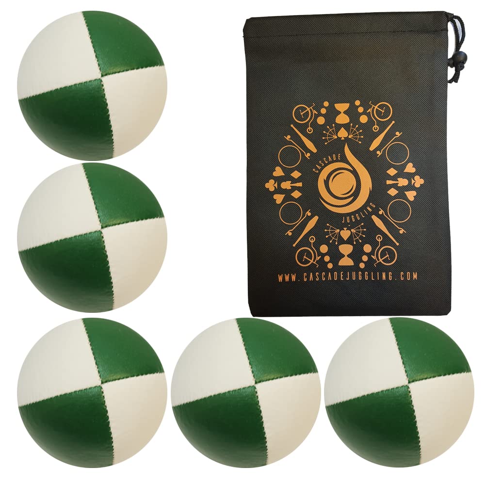 Cascade Juggling 5 x Pro 115g Thud Juggling Balls Set - Green and White with Carry Bag - Ideal for Beginners and All Ages