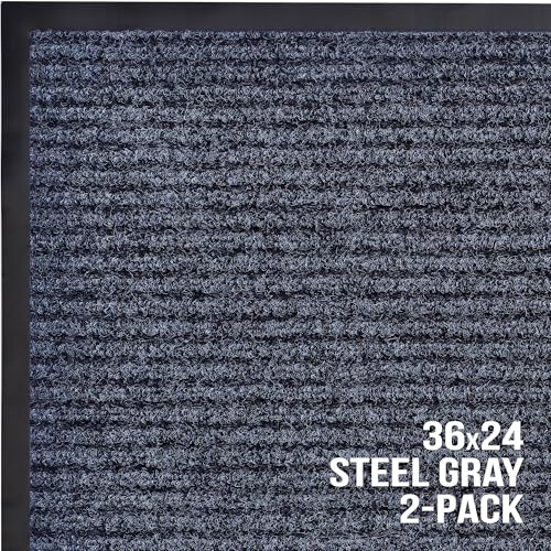 Image of Sierra Concepts 2-Pack Striped Door Floor Mat - Indoor Outdoor Rug 36 inch x 24 inch Large Entryway Welcome Mats with Rubber Backing for Shoe Scraper, Ideal for Inside Outside High Traffic Area, Gray & Black