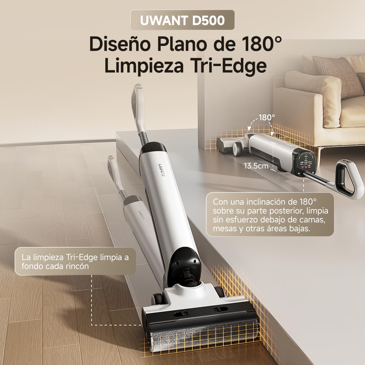 uwant D500 Aspiradora Fregadora Sin Cable, Aspirador en Seco y Húmedo, Alcance Plano de 180°, Limpieza de Bordes,Desodorización de Tanques, 17000 Pa, Secado con Aire Caliente a 65°C, Sin Enredos