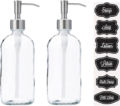 Dispensador de jabón y loción en tarro de vidrio transparente con bomba de acero inoxidable, 16 onzas (2)
