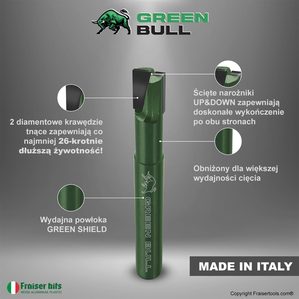 Fraiser GREEN BULL frez do cięcia i rowkowania drewna i pochodnych tworzyw sztucznych, stopów lekkich, aluminium, trzpień 8 mm, średnica cięcia 8 mm, wysokość cięcia 12 mm (do 25 mm)