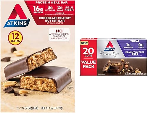 Atkins Barra de comida de proteína de mantequilla de maní con chocolate, tazas de mantequilla de maní con alto contenido de fibra y satisface,