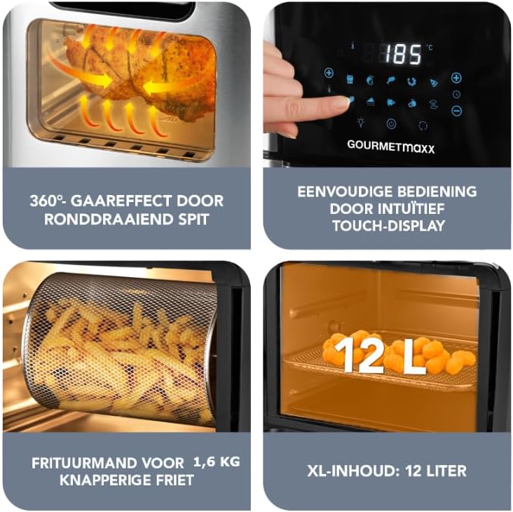 Four panel image showing 360 degree cooking, easy touch operation, fry basket, and 12L capacity