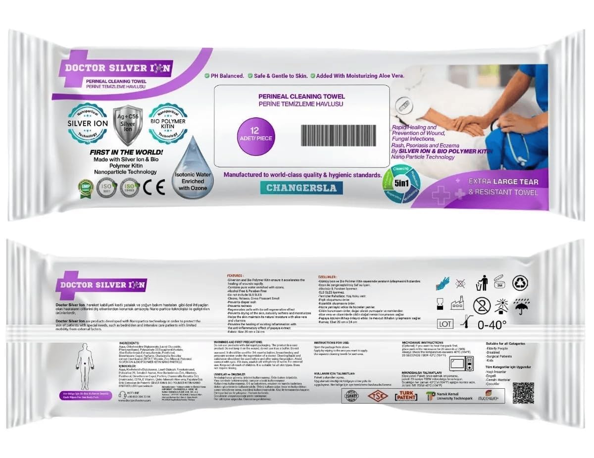 Gümüş İyonlu Özel Formül, Kızarık ve Kaşıntı Önleyici Genital ve Perinel Bölge Büyük Bakım Mendili 12'li Perine (1 paket)