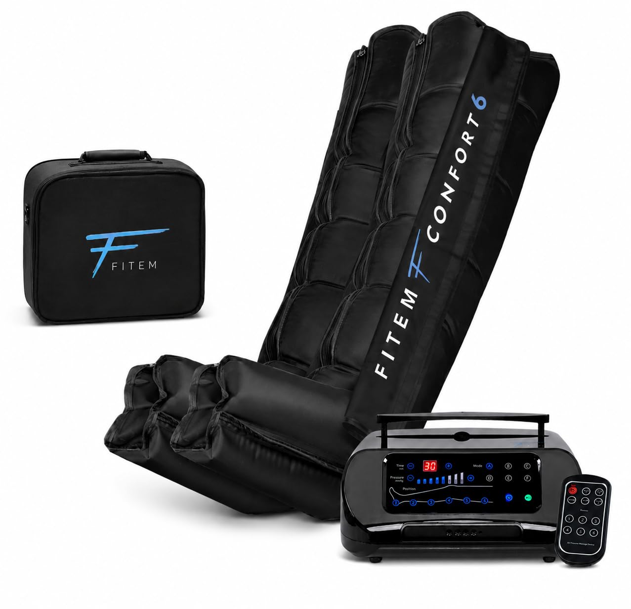 Fitem Bottes de Pressothérapie 6 chambres - 6 modes de Massage - Massage Jambes, pieds - Drainage lymphatique, Jambes Lourdes, Œdème, Lymphoedème, Lipoedème, Cellulite - Récupération Sportive