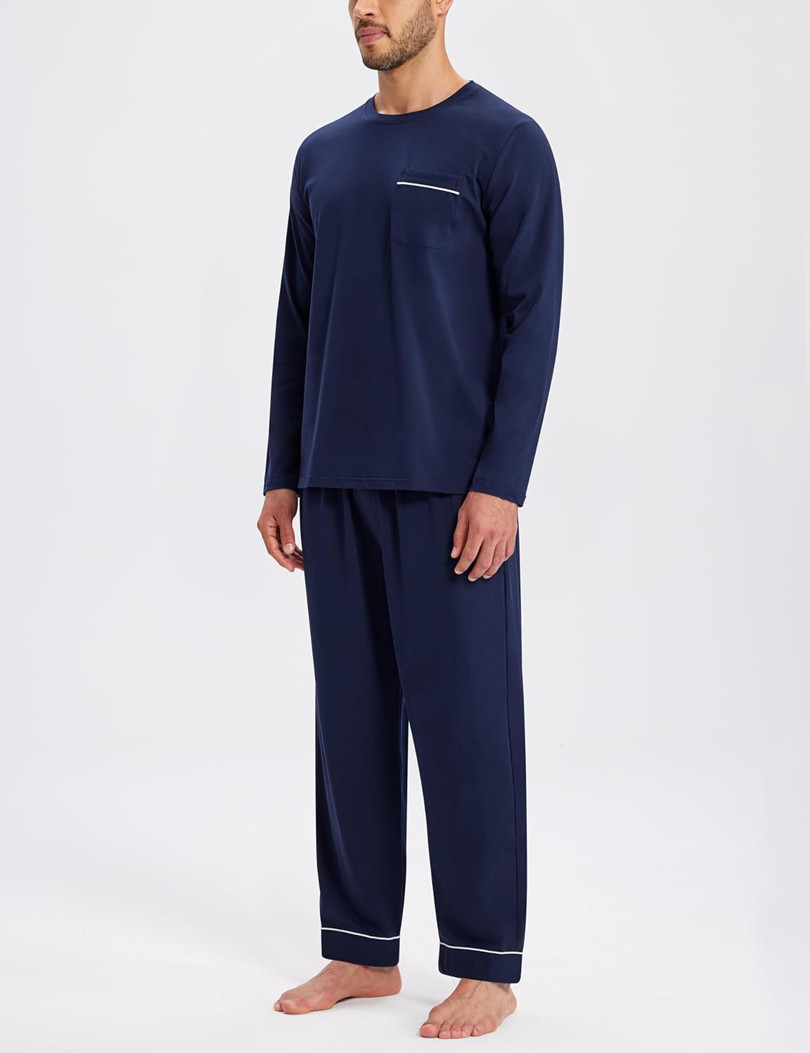 Men's Pajamas Set Soft Cotton Pjs Sets Long Sleeve Pullover Sleepwear Loungewear Set with Elastic Waist & Pockets - Image 3