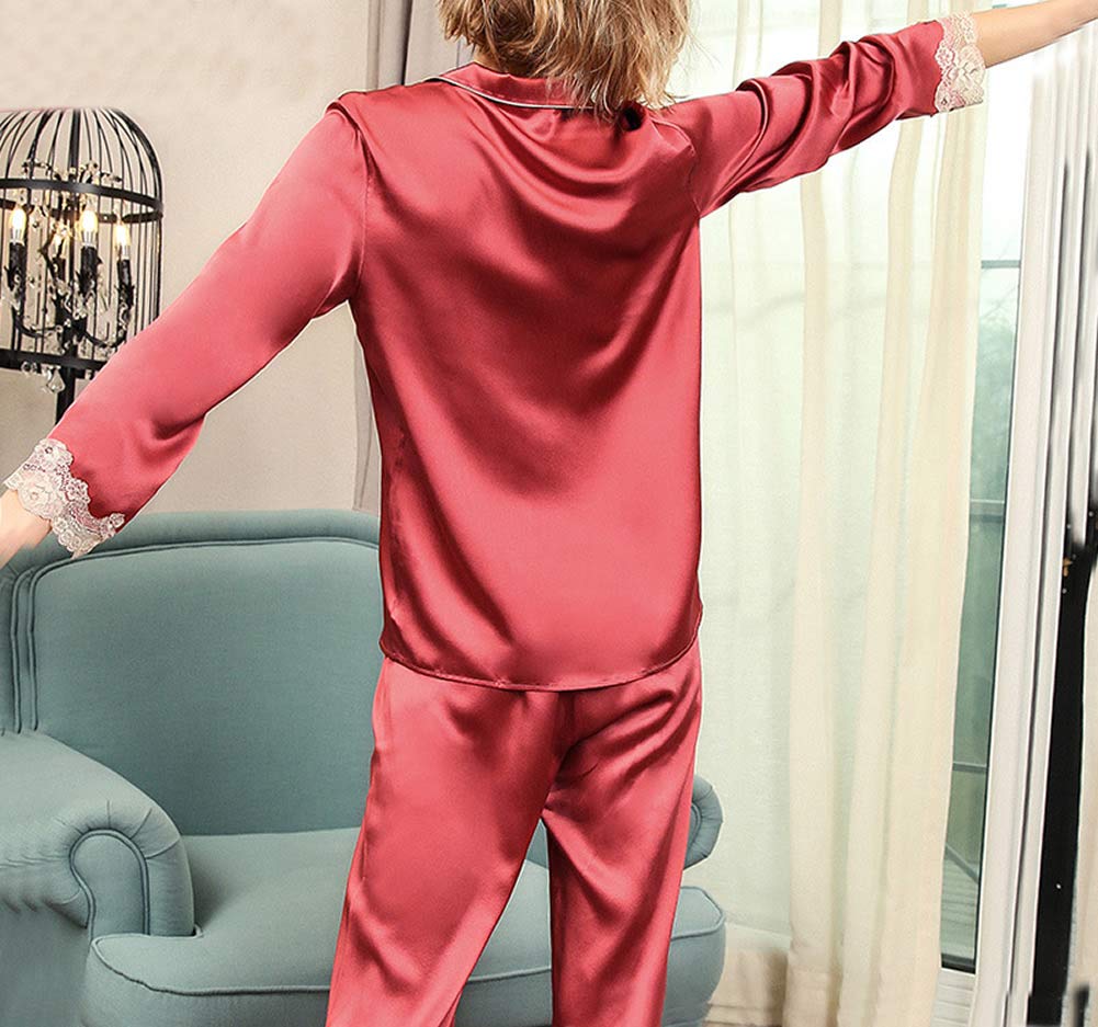 E-girl T8183 - Pigiama da donna in seta, con pizzo, 100% seta, a maniche lunghe Colore: rosso 48