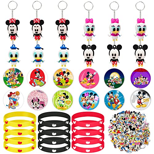 86Pcs Mickey Mouse Party Favor, Mickey Mouse Party Supplies All-in-one Package Party Supplies Including Key Chain Bracelets Button Pins Stickers for Mickey Mouse Kids Themed Birthday Decorations