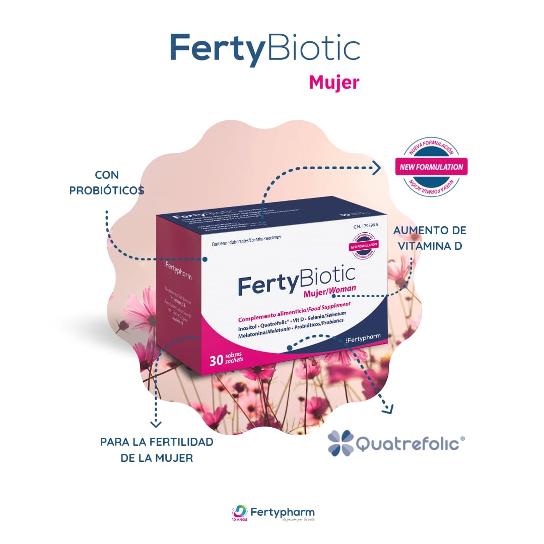FERTYBIOTIC MUJER | Complemento alimenticio | Inositoles, Ácido Fólico (Quatrefolic®), Vitamina D, Selenio, Melatonia y Probióticos | 30 Sobres