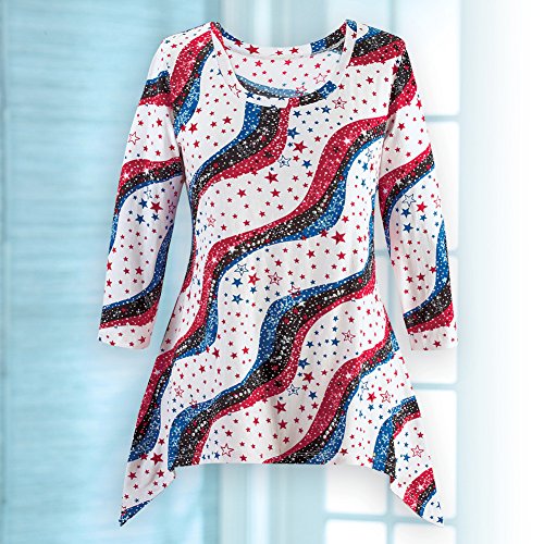 Collections Etc Stars and Stripes 3/4 Sleeve Sequin Sharkbite Top - 4th of July, Patriotic Clothing - Image 4