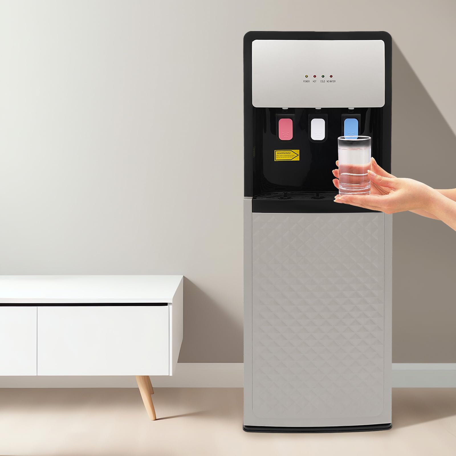 TREMENPOW Bottom Loading Water Cooler Dispenser Freestanding Bottom Loading Hot Cold Water Dispenser, 3 Temperatures with Hot, Cold & Room Water Spouts, 4 Indicator Lights, Durable PP Construction