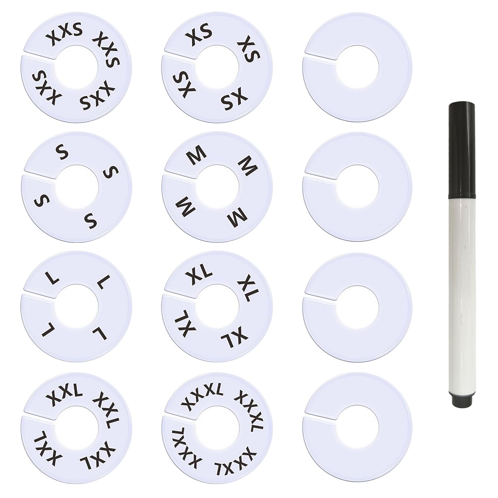 Photo 1 of 13 Pcs Clothing Rack Size Dividers Round White Plastic Size Markers for Clothing Rack Pre-Labeled (XXS-XXXL) & Blank Dividers & Erasable Pen for Closet, Retail Store, Wardrobe