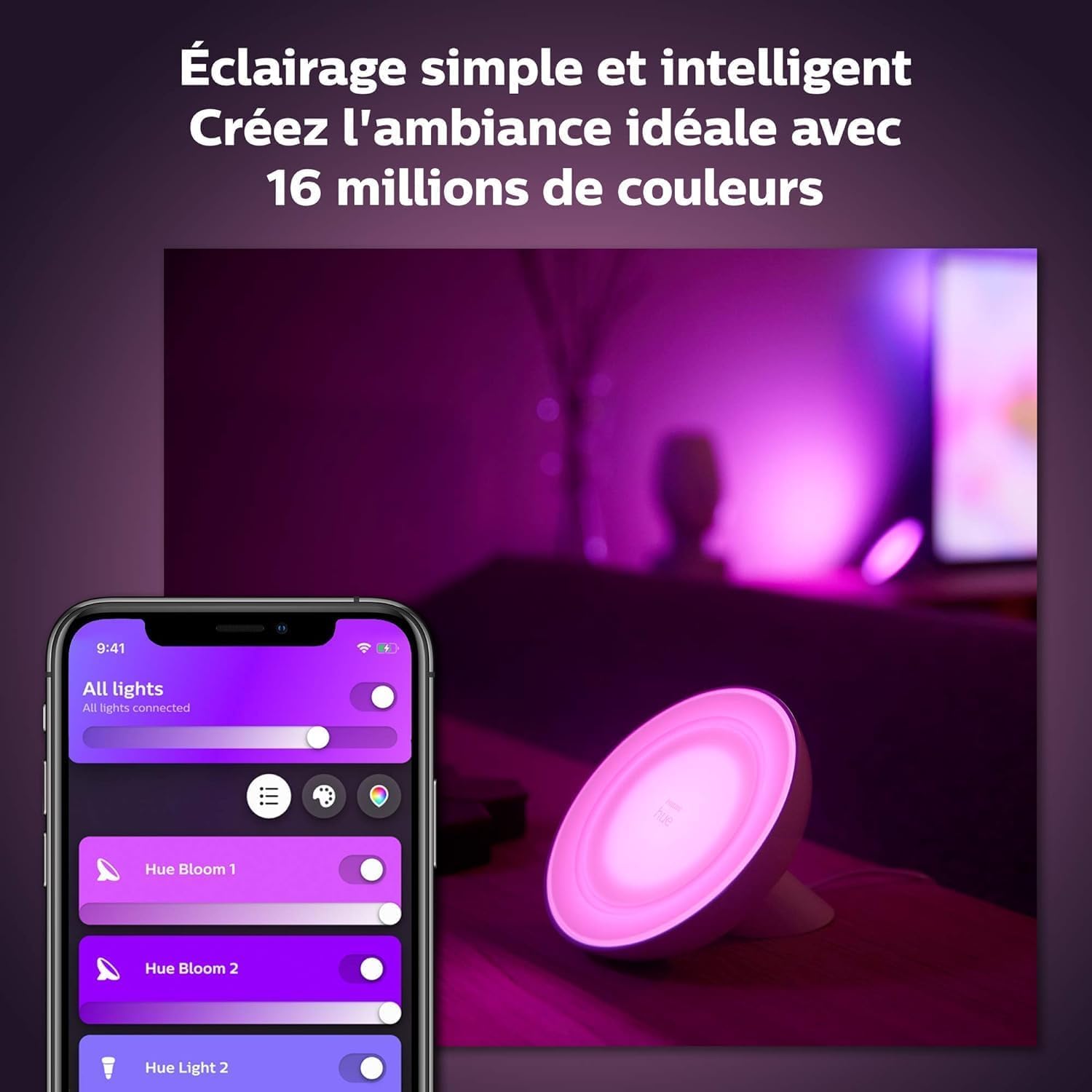Philips Hue White & Color Ambiance, Lampe Connectée à Poser Bloom, Blanc