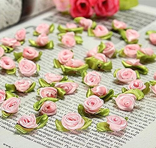 Fangfang 100 PCS Mini Ribbon Bows Roses Flowers Craft Artificial Ornament Applique Sewing DIY (Pink)