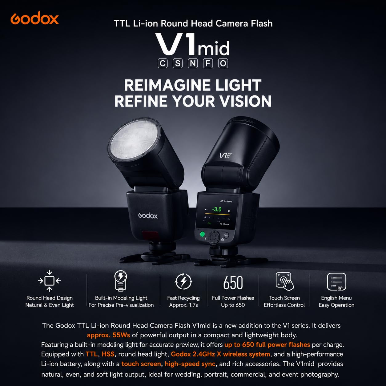 Godox V1 Mid V1Mid S Flash con Diffusore a Cupola (Godox AK-R11) per Fotocamera Sony, Flash a Testa Rotonda 55Ws, TTL/HSS 1/8000s 2,4GHz, Oltre 650 Lampi per Sony A7C II A7 IV a6700 a6400 ZV-E1 ZV-E10