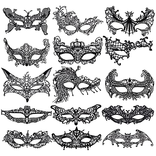 AIGOHOM 15 Pcs Masques Dentelle Noir, Masque de Dentelle Noir pour Les Yeux-Masque de Mascarade Femme Masque de Dentelle Sexy pour Halloween Mascarade Carnaval Fête Bal Costumé Cover