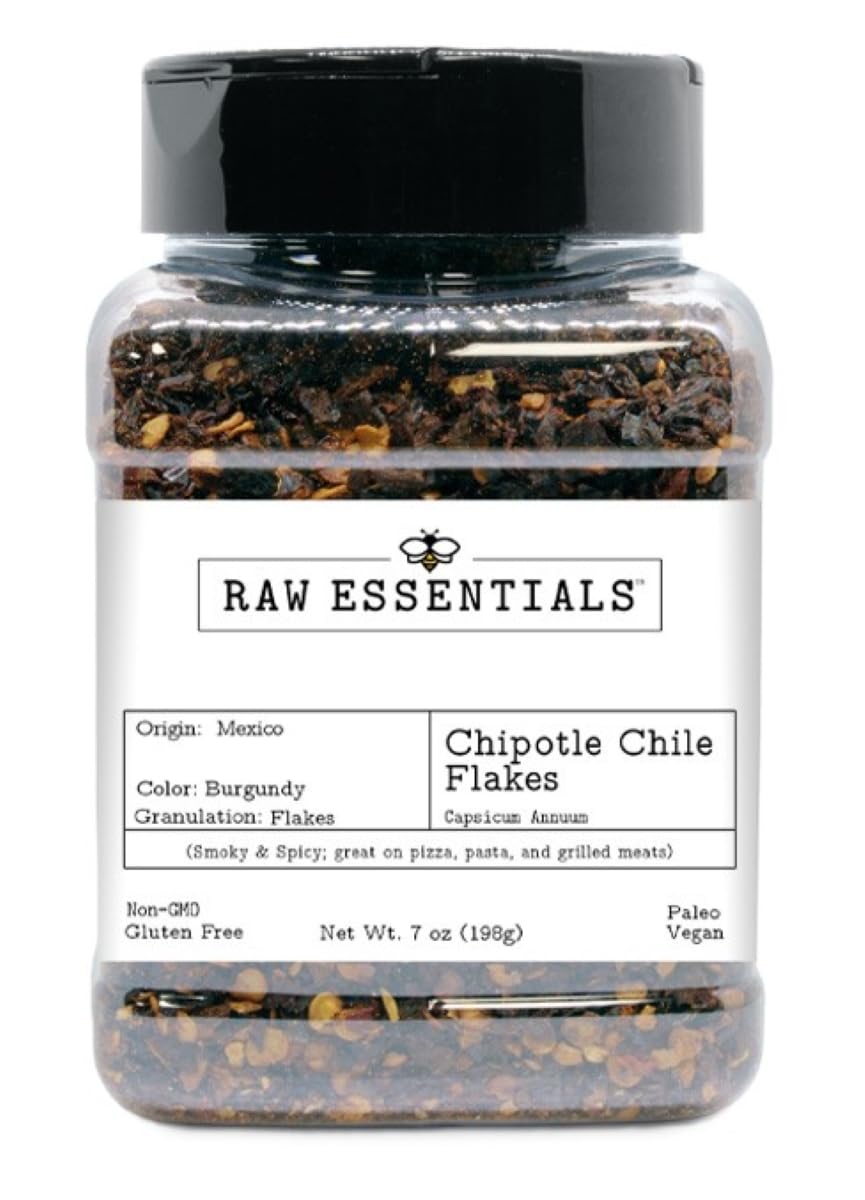 Raw Essentials Chipotle Chile Flakes - Smoky and Spicy - Great on Pizza, Pasta, & Grilled Meats - Non-GMO, Paleo, Vegan, & Gluten Free - 7 Ounce Bottle