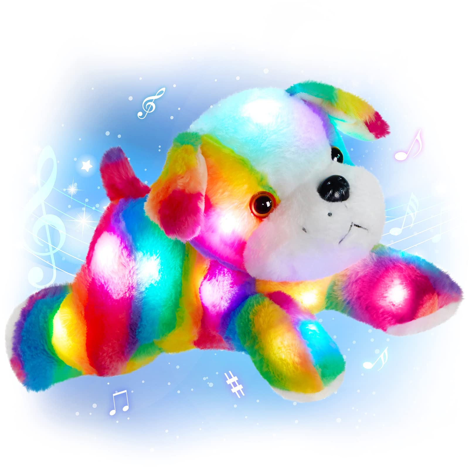 Glow Guards Light up Musical Elephant Stuffed Animals with LED Night Light Lullaby Glow in Dark Soft Plush Snuggle Toy Rainbow Valentine's Day Birthday for Toddlers Kids Children (Dog_Music)