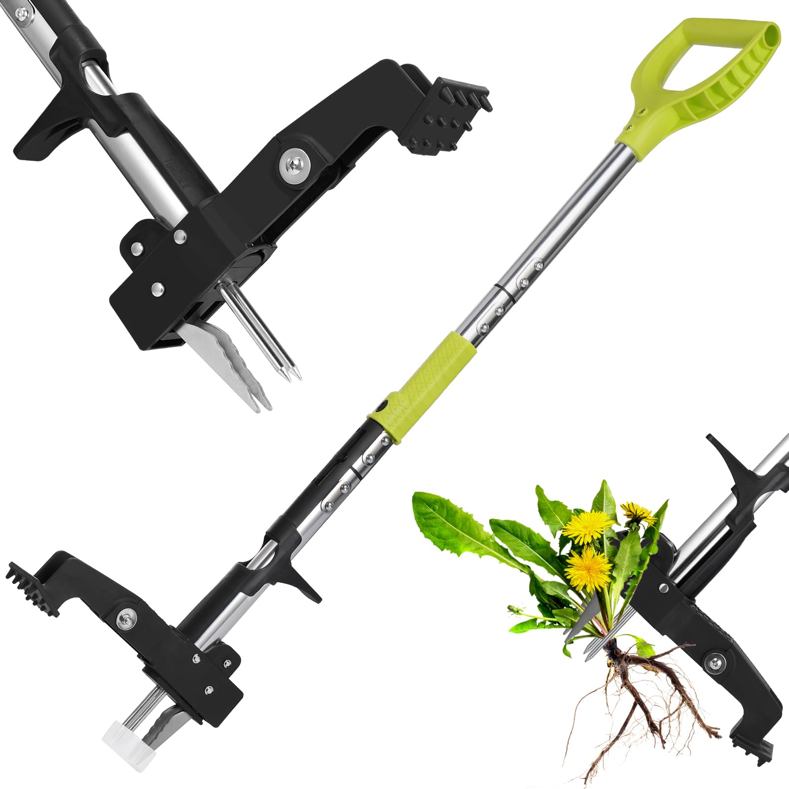 YISSVIC Weed Puller Stand-up Weed Removal Tool Stainless Steel 4-Claw with Foot Pedal, Telescopic Root Remover for Garden, Adjustable D-Shaped Non-Slip Handle