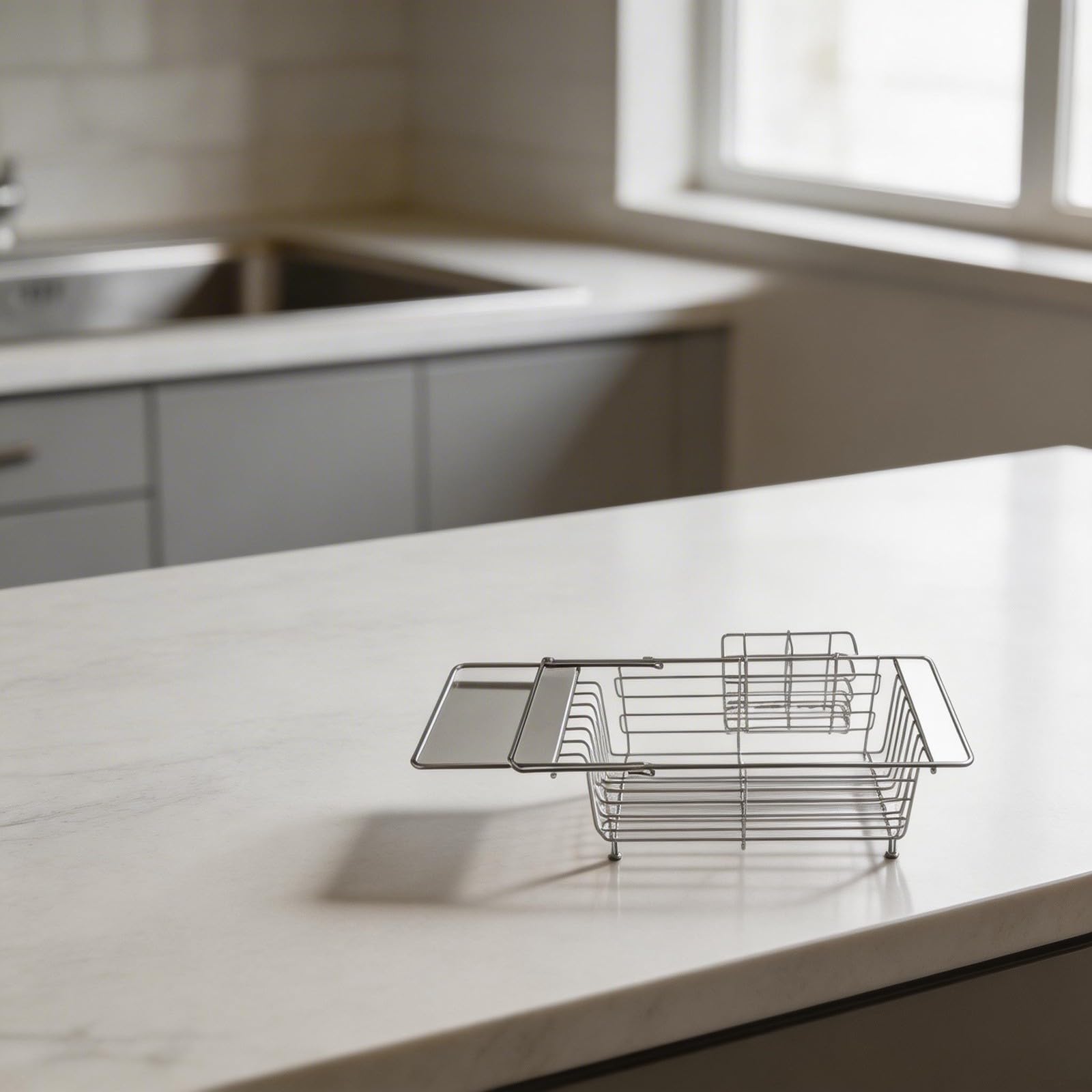 Escurreplatos extensible de acero inoxidable con soporte para cubiertos, escurridor para fregadero, secadora de cocina para platos y tazas, 40,5 x 18 x 13 cm