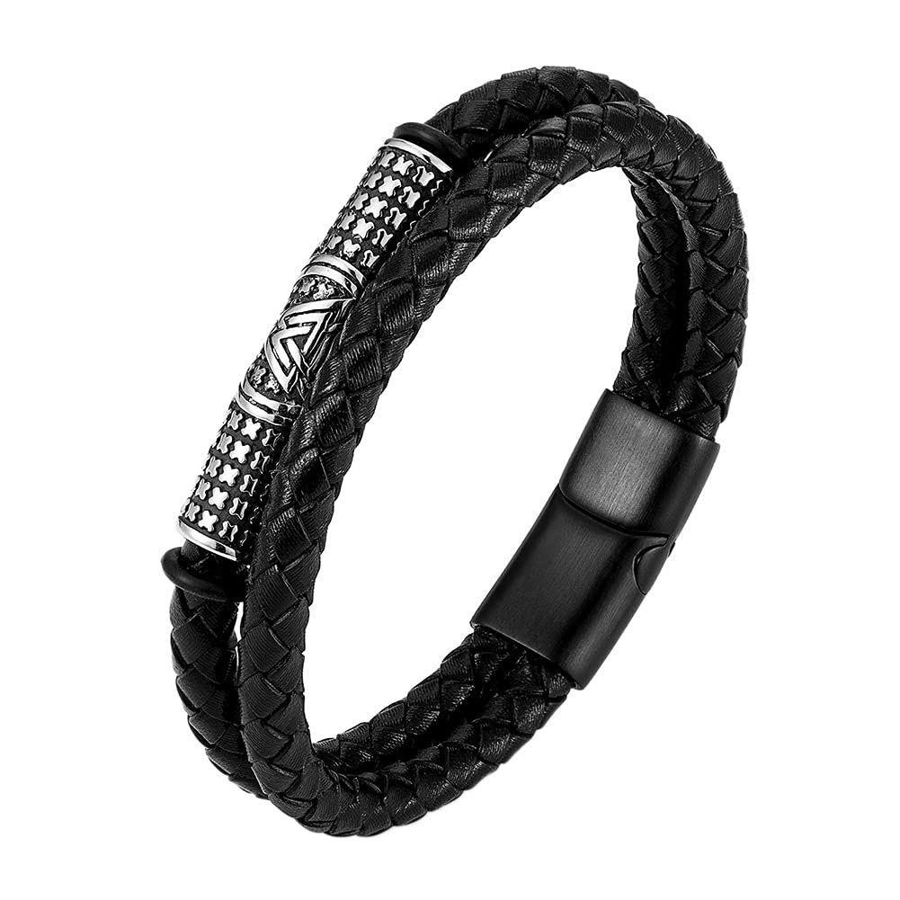DFWYMen's Stainless Steel Valknut Rune Bead Leather Viking Bracelet, Nordic Odin Symbol Amulet Braided Cuff Bangle,Gothic Punk Style Asatru Pagan Jewelry for Women