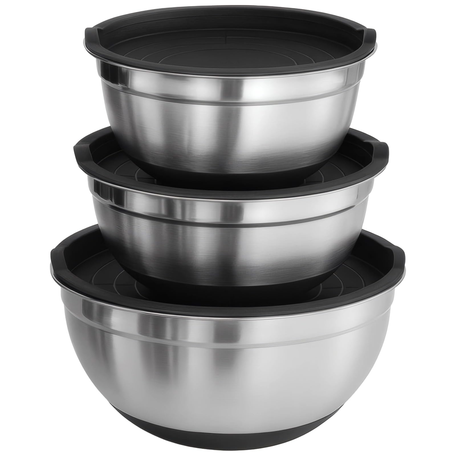 3 Stk. Edelstahl-Mischschüsseln mit schwarzem Silikonboden und Deckeln, stapelbares Salatschüssel-Set, spiegelpoliert, robust, leicht zu reinigen, 16/20/24 cm, für Küche