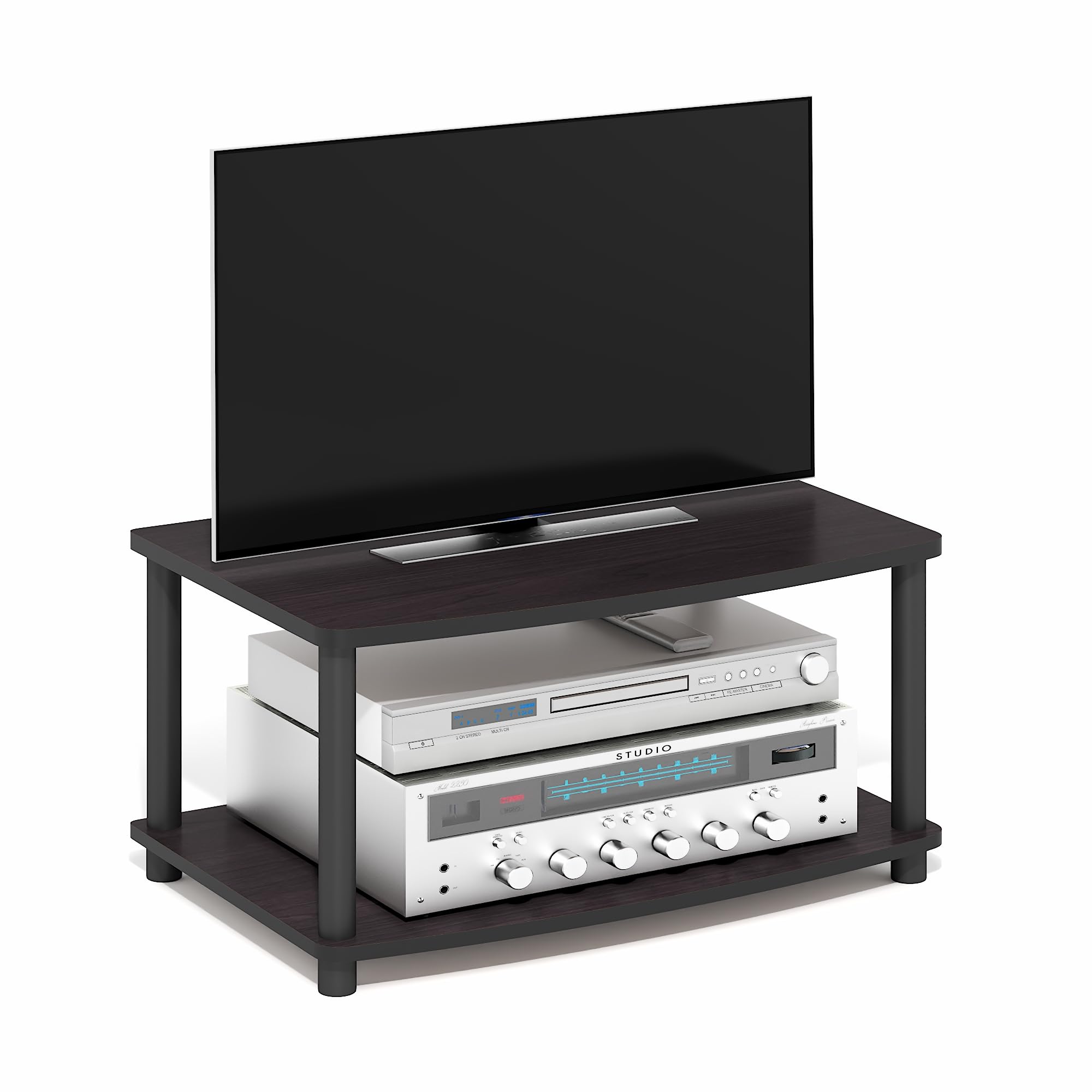 Furinno TURN-N-TUBE TV Riser Stand, 2-Tier Small Elevated No Tools TV Stand, TV Console for TV up to 32 inch, 15.8 x 23.8 x 11, for Living Room, Bedroom, Dark Walnut