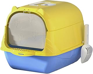 WeiLaiKeQi Caixa de areia para gatos totalmente fechada, com capuz, com alça, durável, com aba da porta frontal, suprimentos para animais de estimação, caixa de, amarelo azul