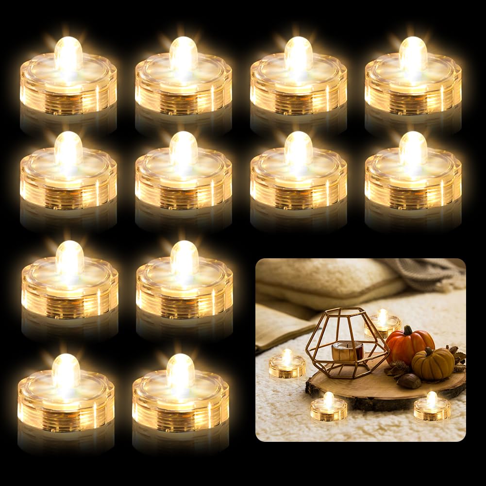 Editbar 12pcs Wasserdichte Batteriebetriebene Viele Farben Blumen Mini LED Unterwasser Kerzenlichter für Vasen Hochzeit Dekoration (Warmweißes Licht)