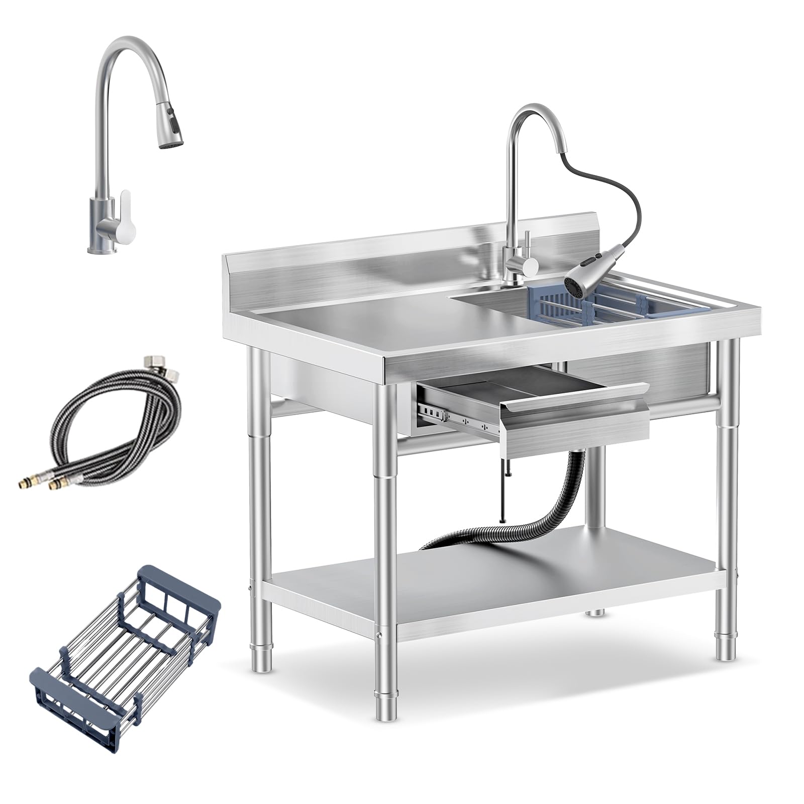 Stainless Steel Utility Sink Freestanding Single Bowl Laundry Sink with Hot and Cold Water Plumbing Workbench Drawers for Laundry Room Farmhouse Indoor and Outdoor Sink