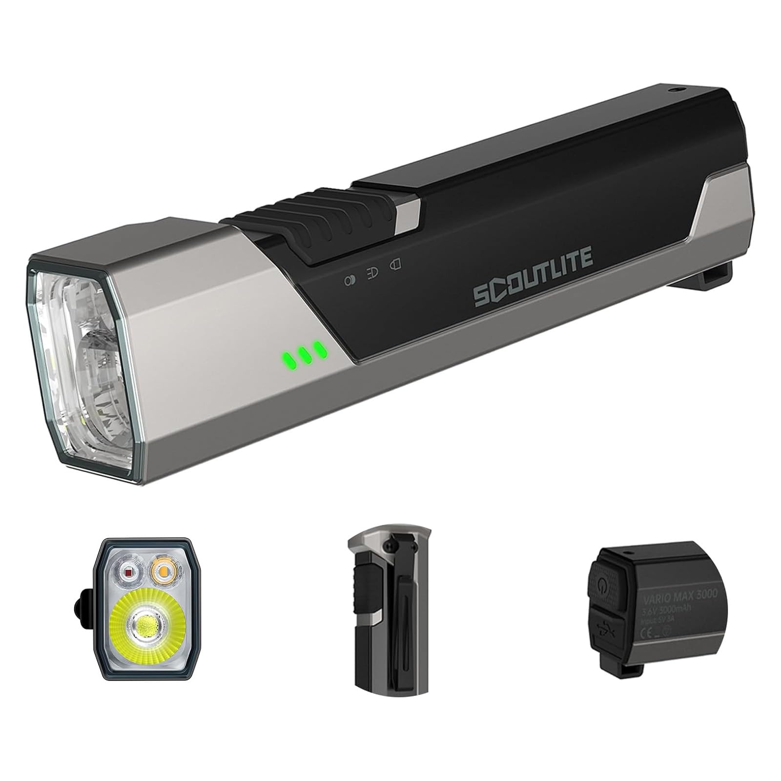 SCOUTLITE Vario MAX3000 LM Handtaschenlampe, wiederaufladbare LED-Taschenlampe mit weißem, rotem und bernsteinfarbenem Licht, wasserdicht IPX6, taktisch, flach für Camping, Outdoor und Notfallarbeiten