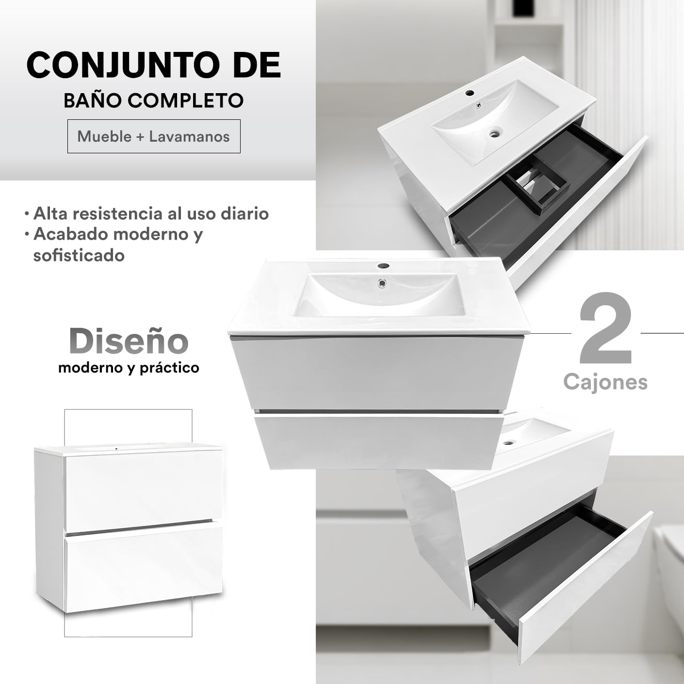 Juego Mueble 60cm Baño con Lavabo Mueble Lavabo Mueble Baño | Mueble Bajo Lavabo Compacto Preinstalado de Fábrica · Lavabo 60 cm con Pie de Porcelana · No Incluye Espejo