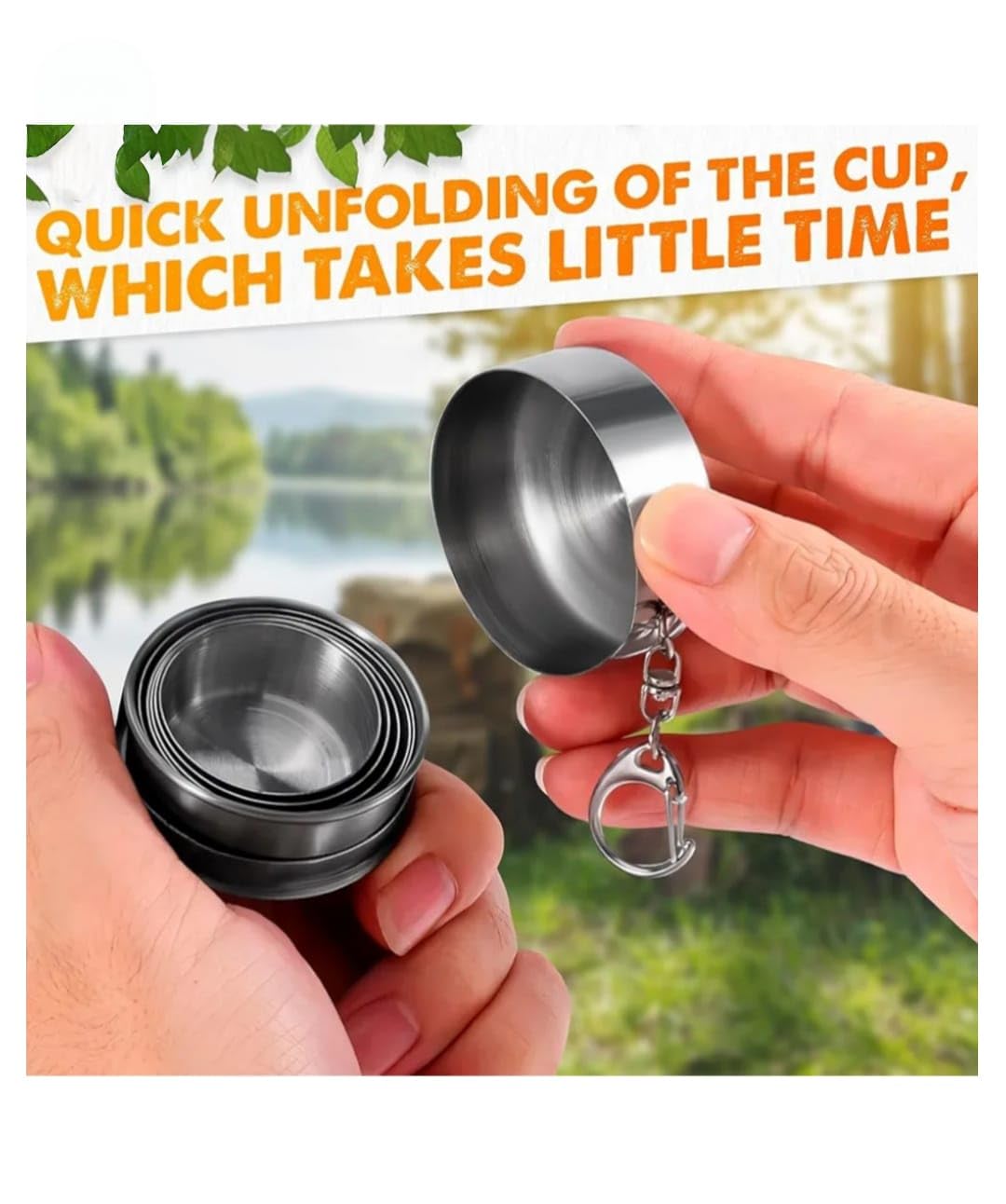 Vaayu-E-Store Stainless Steel Foldable Travel Cup Set 120ml with Chain | Portable Collapsible Drinking Glass | Compact Pocket Cup for Camping, Trekking, Travel & Outdoor Use 4