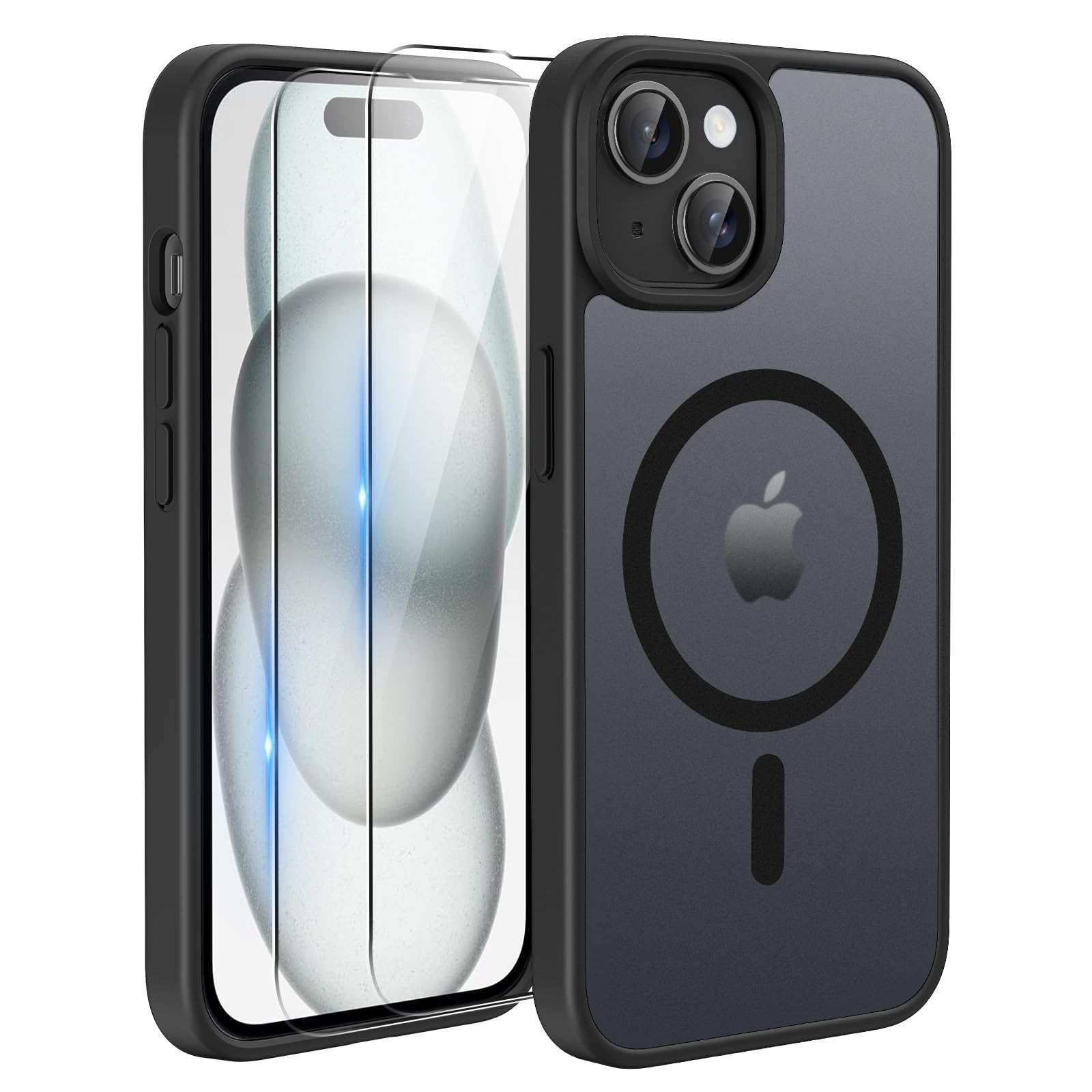 TQIAHF Magnetica Cover per iPhone 15 con 2 Pellicola Vetro Temperato Protezione Schermo Compatibile con Magsafe Case Militare Antiurto Sottile Opaca Telefono Custodia per iPhone 15,Nero