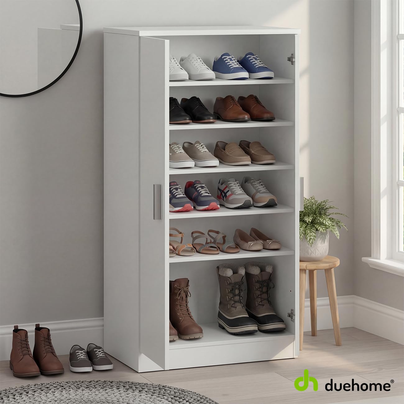 duehome | Zapatero Armario, Mueble Auxiliar, Acabado en Blanco Artik, Modelo Liam 55, Medidas: 55 cm (Largo) x 108 cm (Alto) x 36 cm (Fondo)