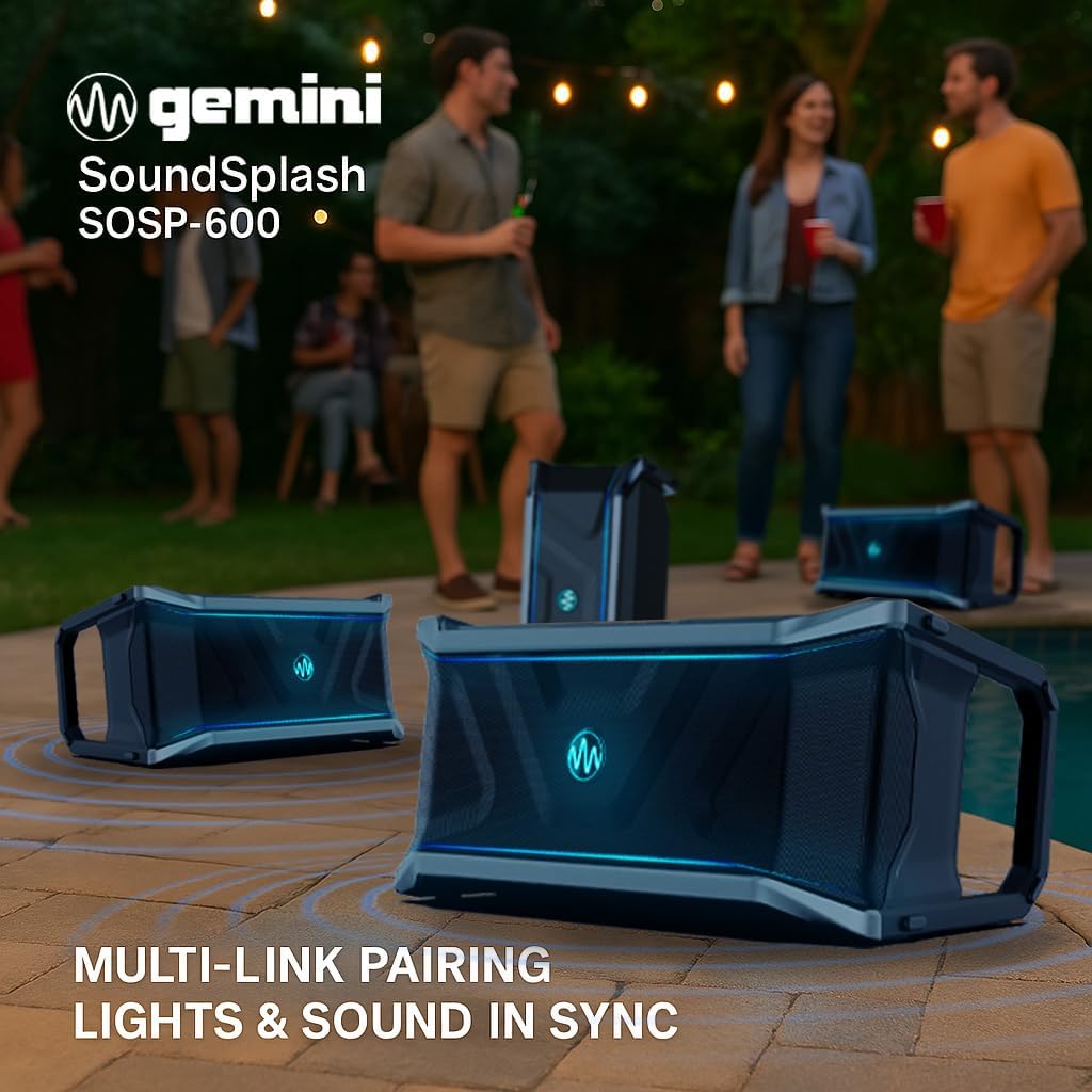 Multiple Gemini SoundSplash SOSP-600 speakers arranged on a patio, illustrating the multi-link pairing feature with lights and sound in sync.